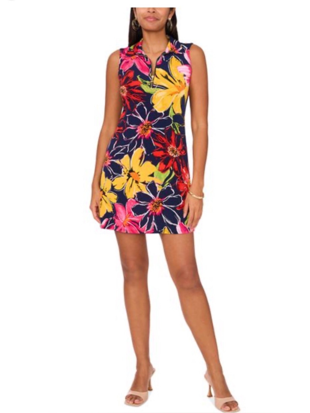 MSK Navy Sleeveless Floral Mini Dress with Yellow & Pink Blooms